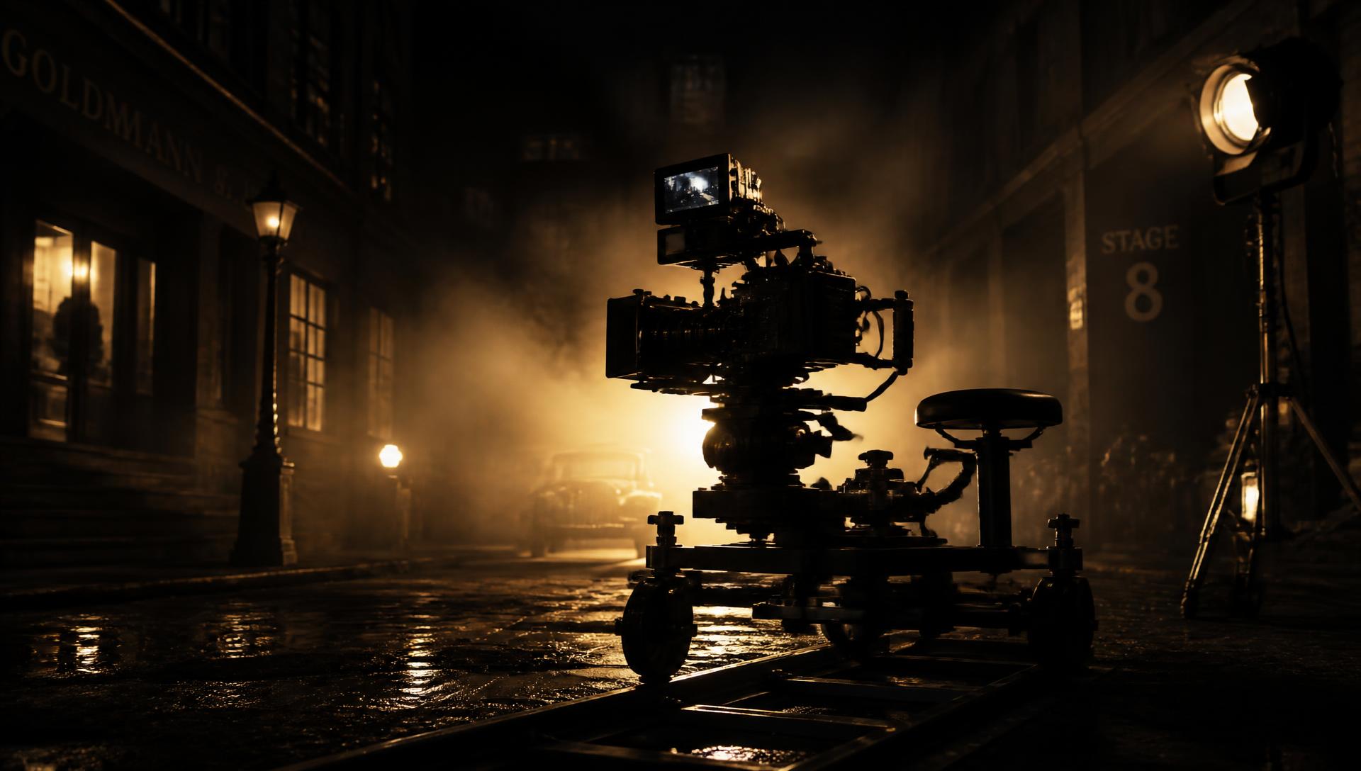 Kinokamera auf Dolly an einem dunklen Filmset